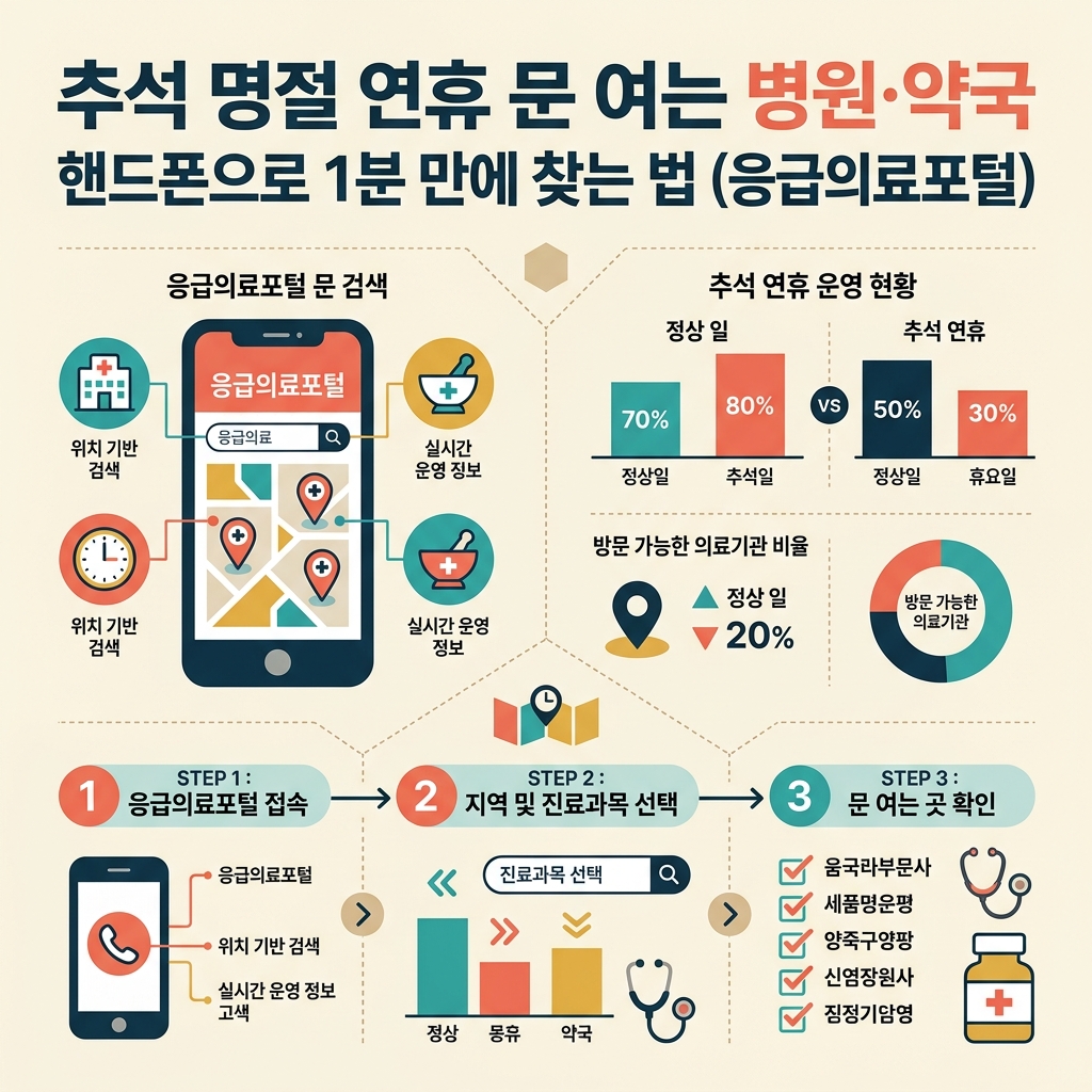 ai thumbnail infographic 추석 명절 연휴 문 여는 병원·약국 핸드폰으로 1분 만에 찾는 법 응급의료포털 1788690843
